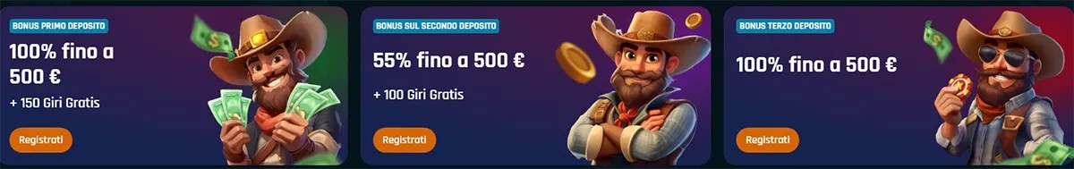 “Three Italian bonus promo cards: first deposit bonus 100% up to €500 + 150 free spins with a cowboy holding cash; second deposit bonus 55% up to €500 + 100 free spins with a smiling cowboy and floating coins; third deposit bonus 100% up to €500 with a cowboy holding a gold coin, each with an orange ‘Registrati’ button.”