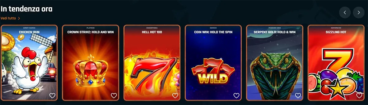 “Italian ‘In tendenza ora’ (Trending now) carousel showing six slot game tiles—Chicken Run, Crown Strike: Hold and Win, Hell Hot 100, Coin Win: Hold the Spin, Serpent Gold: Hold & Win, and Sizzling Hot—with heart icons and left/right navigation arrows.”