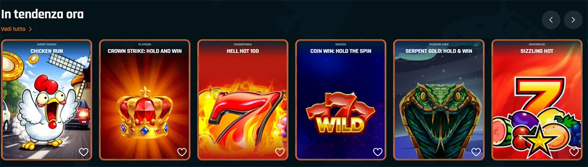 “Italian ‘In tendenza ora’ (Trending now) carousel showing six slot game tiles—Chicken Run, Crown Strike: Hold and Win, Hell Hot 100, Coin Win: Hold the Spin, Serpent Gold: Hold & Win, and Sizzling Hot—with heart icons and left/right navigation arrows.”