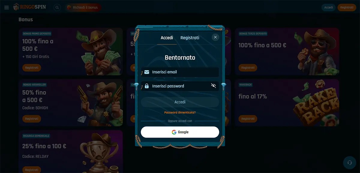 “Italian login pop-up on a casino bonuses page, with tabs ‘Accedi’ and ‘Registrati’, heading ‘Bentornato’, email and password fields, an ‘Accedi’ button, ‘Password dimenticato?’ link, and a Google sign-in option over a blurred bonus card background.”