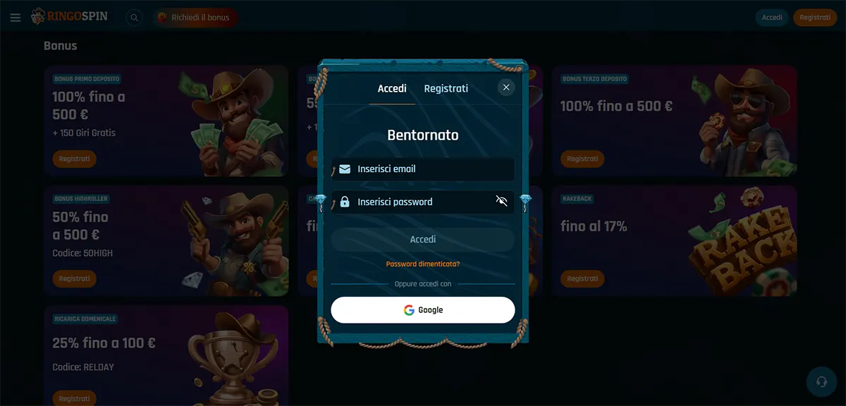 “Italian login pop-up on a casino bonuses page, with tabs ‘Accedi’ and ‘Registrati’, heading ‘Bentornato’, email and password fields, an ‘Accedi’ button, ‘Password dimenticato?’ link, and a Google sign-in option over a blurred bonus card background.”